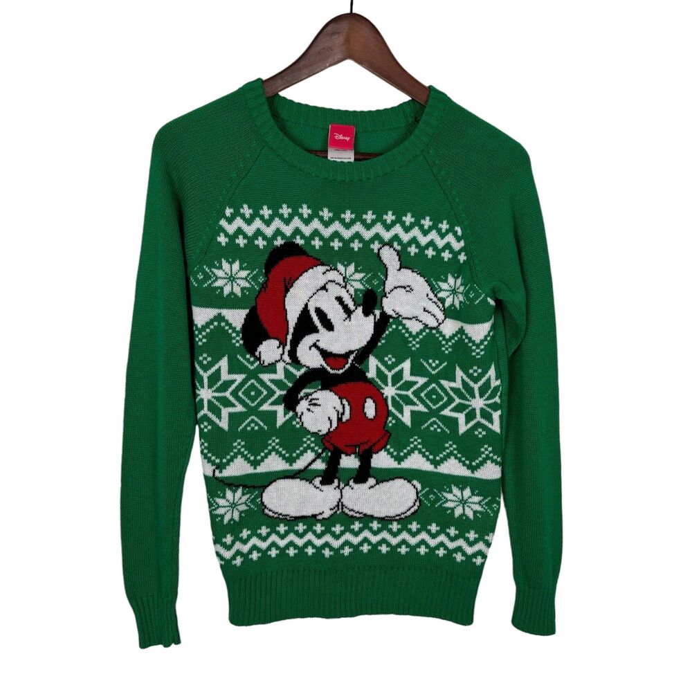 Disney Green Red Mickey Mouse Holiday Christmas Santa Sweater Women’s XS